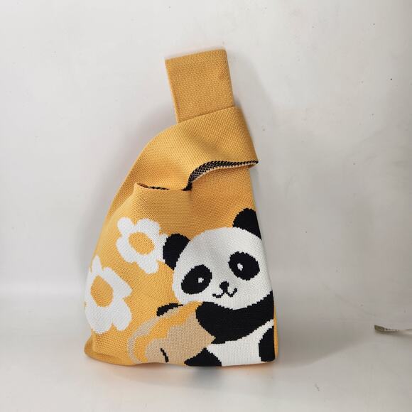 Lot Of 2 Panda Knitted Tote Hand Mini Bag Yellow Kawaii Travel Casual Whimsical - Picture 4 of 9